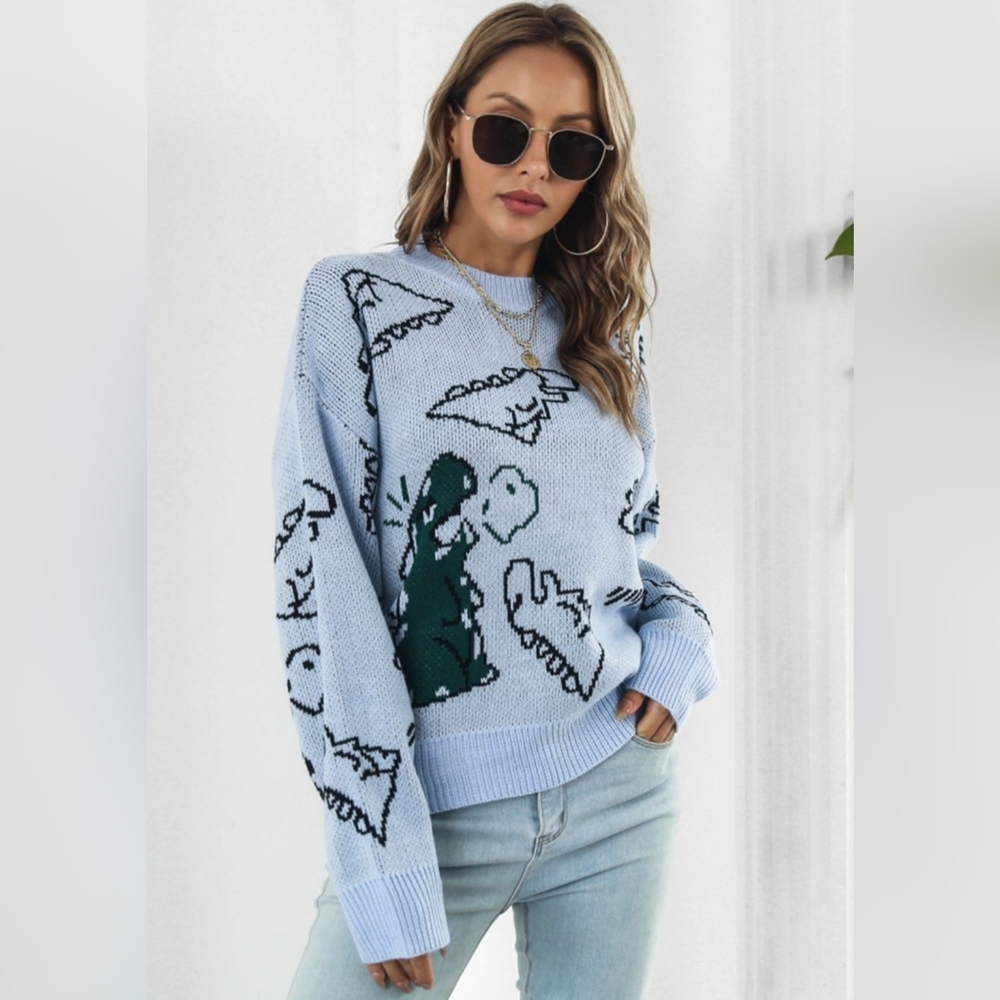 Blue Dinosaur Pattern Sweater - Picture 7 of 10